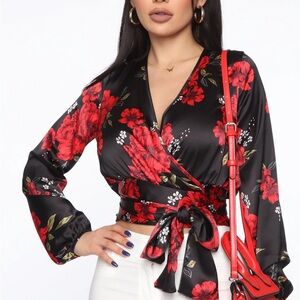 Fashion Nova Black and Red Floral Wrap Blouse